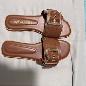 Brown Slide Sandals with Gold Buckle